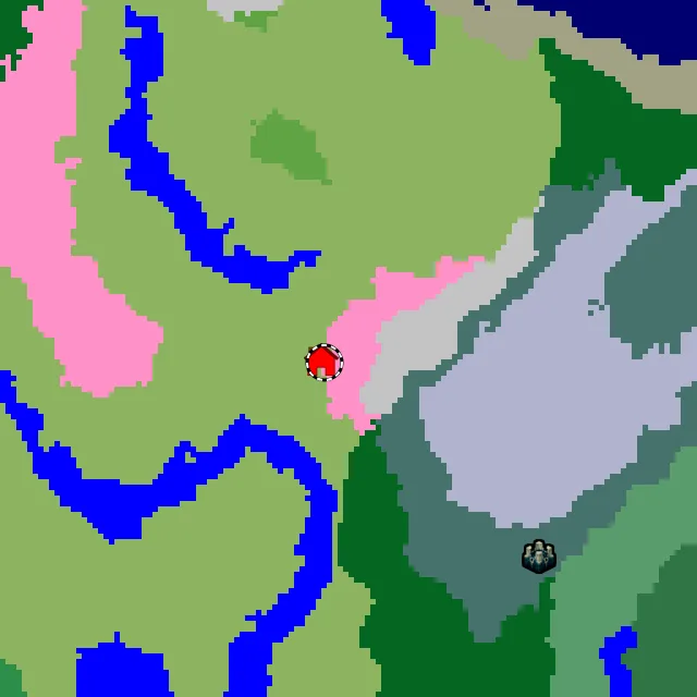 Overworld biome map of seed -5081048861444757073 around spawn, with the cherry grove marked