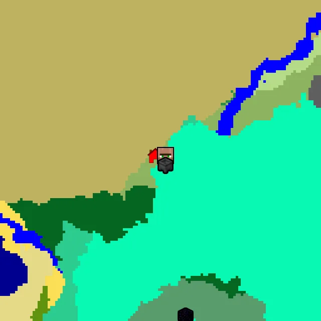 Overworld biome map of seed 1043714136671900276 around spawn, with the village and swamp hut marked