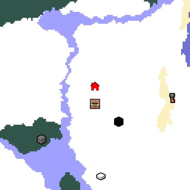 Overworld biome map of seed 105054226415624 around spawn, with the village marked