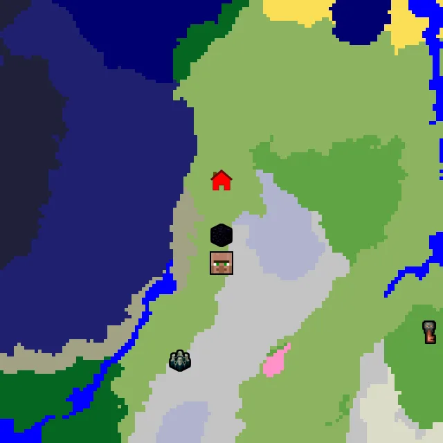 Overworld biome map of seed 172758807026493 around spawn, with the village and ruined portal marked