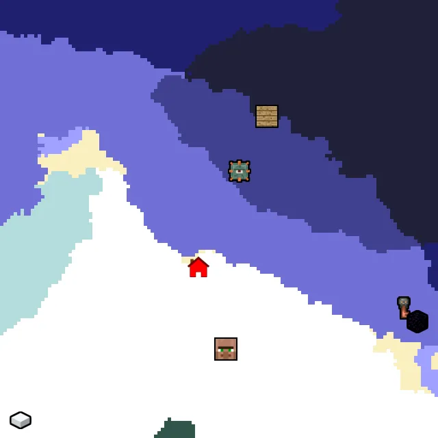 Overworld biome map of seed 1924562510658962 around spawn, with the monument marked