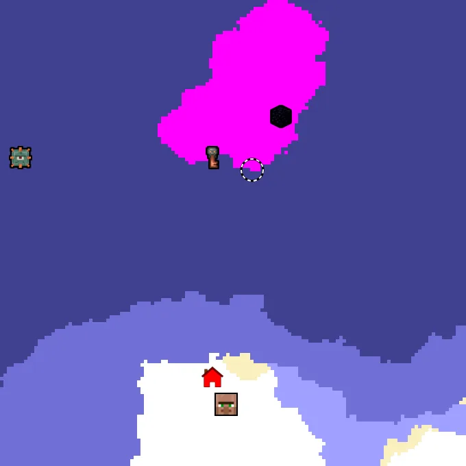 Overworld biome map of seed 2141165974789938423 around spawn, with the mushroom fields marked