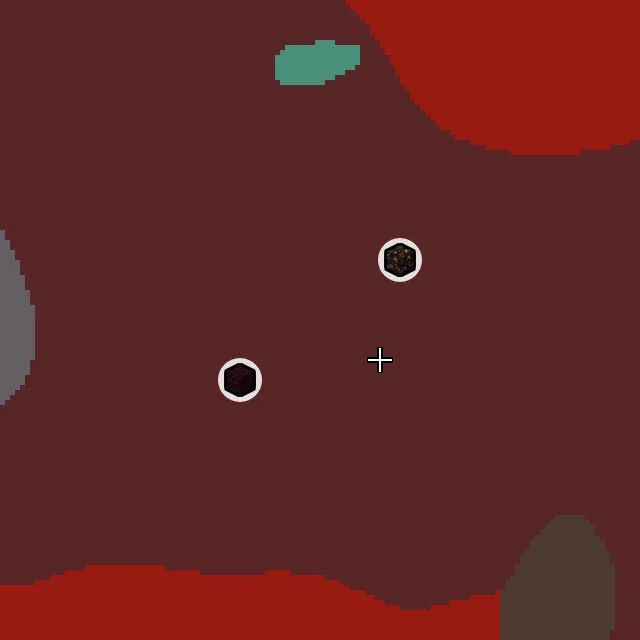 Nether biome map of seed 239327309837419 around Nether 0, 0, with the bastion and fortress marked