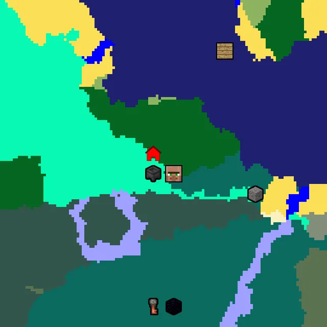 Overworld biome map of seed 1173478488962512498 around spawn, with the village and swamp hut marked