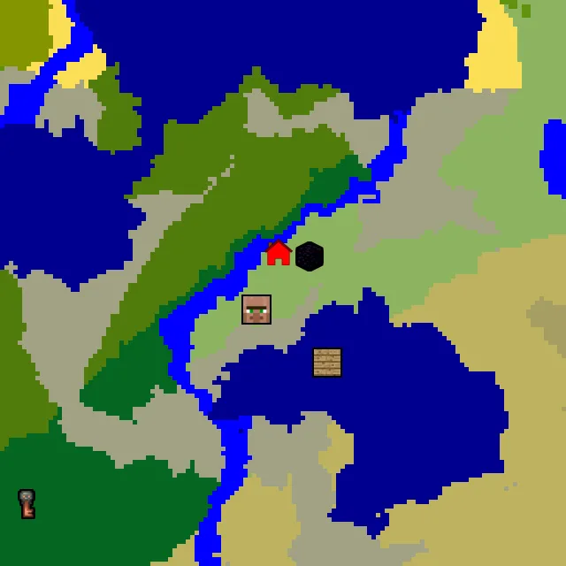 Overworld biome map of seed 1243094667713051 around spawn, with the village and ruined portal marked