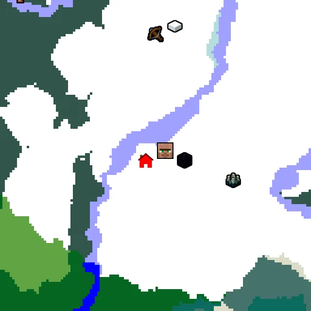 Overworld biome map of seed 34408078497149 around spawn, with the village marked