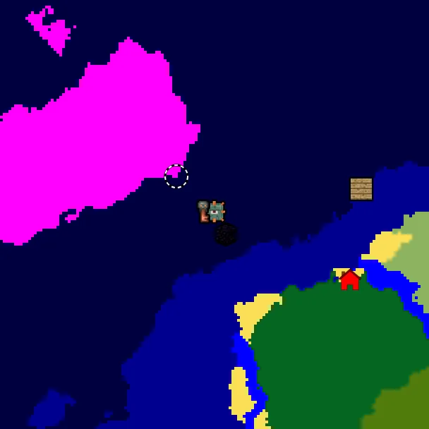 Overworld biome map of seed 6283396778342867902 around spawn, with the mushroom fields marked