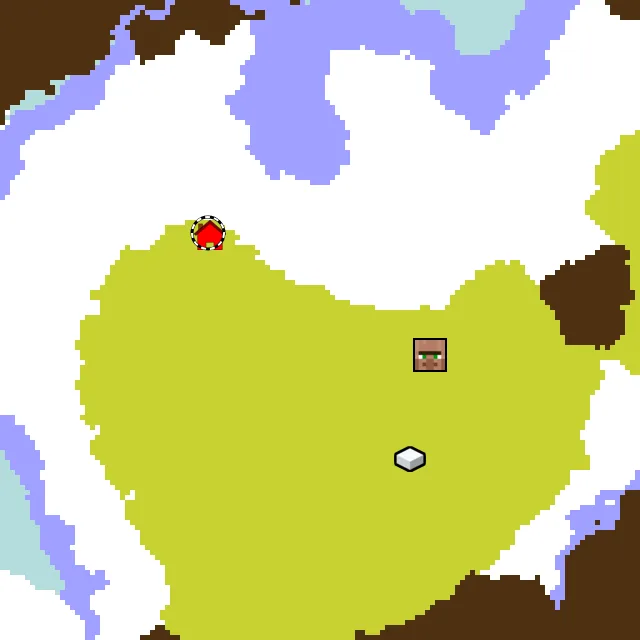 Overworld biome map of seed 9692138235802224 around spawn at Y 0, with the village and sulfur caves marked