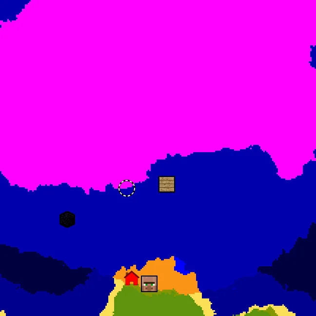 Overworld biome map of seed -7921715295978603045 around spawn, with the mushroom fields marked