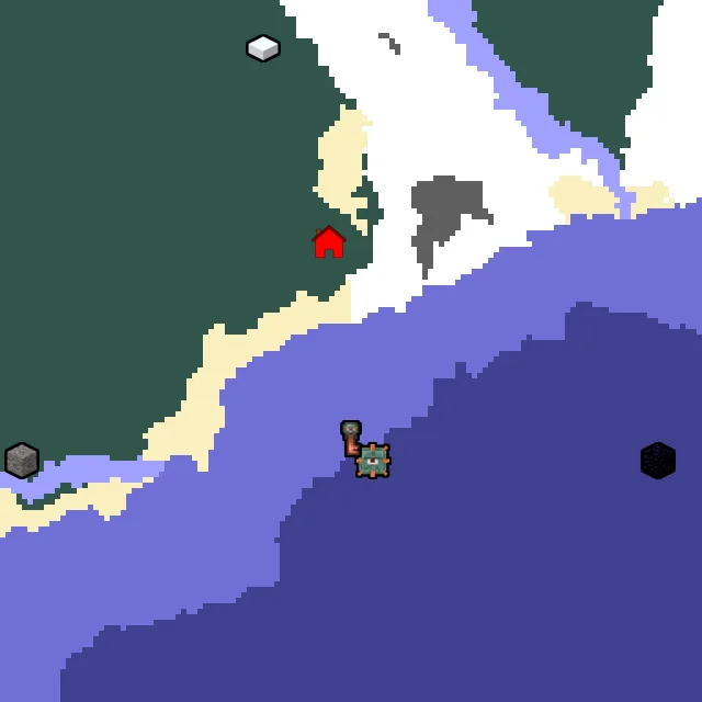 Overworld biome map of seed 2311750628306715 around spawn, with the monument marked