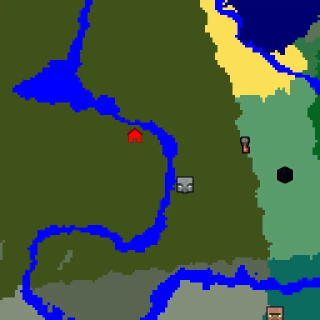 Overworld biome map of seed 23449166200361261 around spawn, with the mansion marked