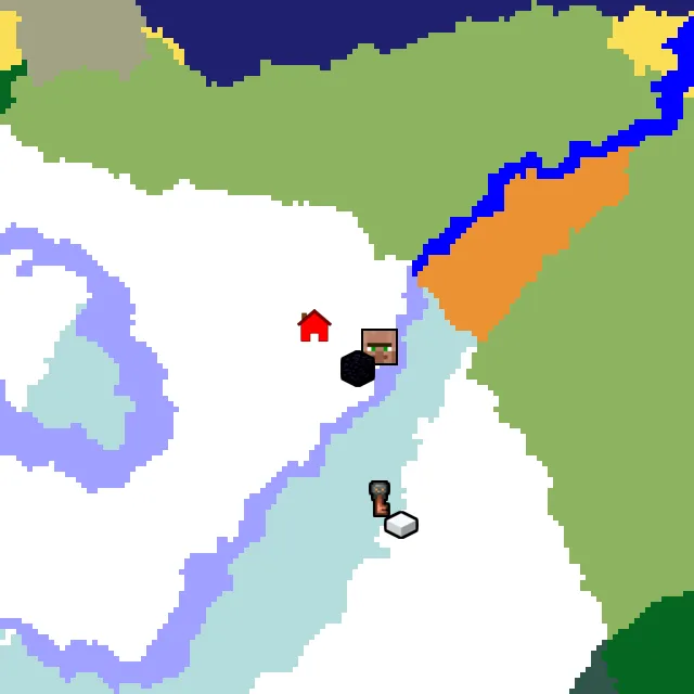 Overworld biome map of seed 328492470042664 around spawn, with the village and ruined portal marked