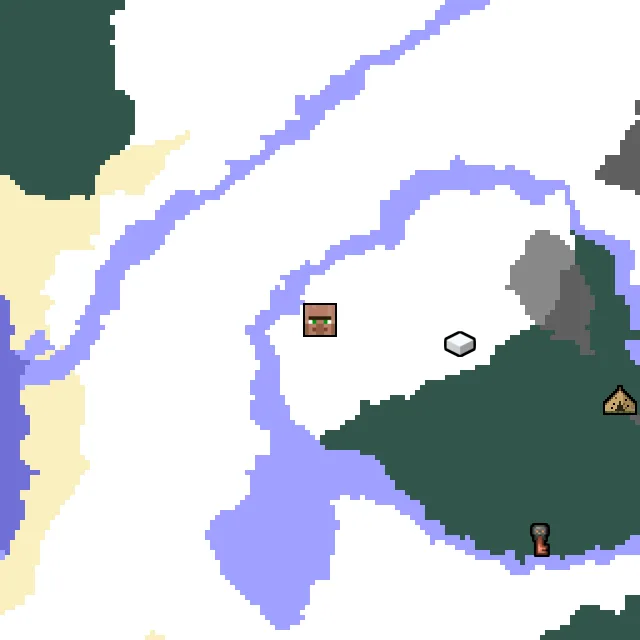 Overworld biome map of seed 371372112556809 around spawn, with the village marked