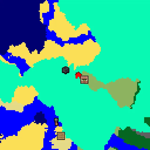 Overworld biome map of seed 376597192266466193 around spawn, with the village and swamp hut marked