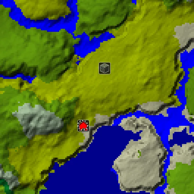 Overworld biome map of seed 1342561743420235 around spawn, with the jungle pyramid and bamboo jungle marked