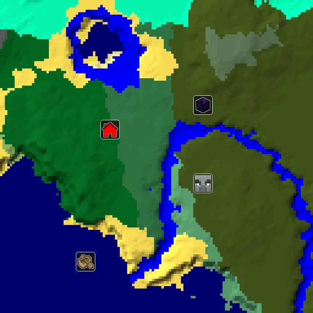 Overworld biome map of seed 58328707974978689 around spawn, with the mansion marked