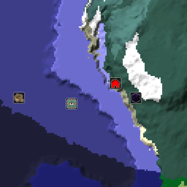 Overworld biome map of seed 76762306106737 around spawn, with the monument marked