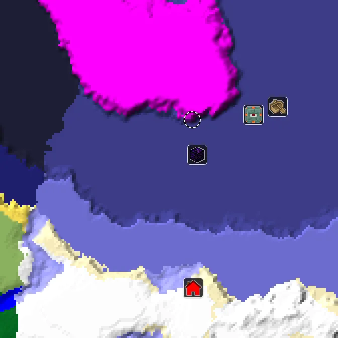 Overworld biome map of seed 7957844924313293007 around spawn, with the mushroom fields marked