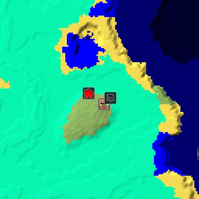 Overworld biome map of seed 1969815633691072149 around spawn, with the village and swamp hut marked