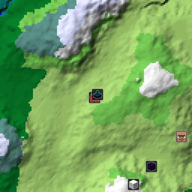 Overworld biome map of seed 3395860291359859 around spawn, with the ancient city marked