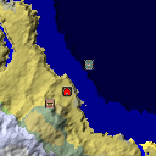 Overworld biome map of seed 6136135589794566 around spawn, with the monument marked