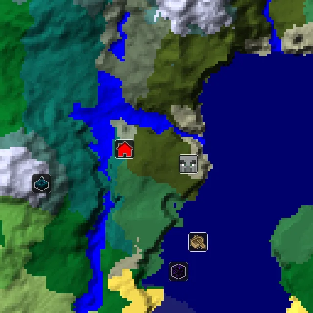 Overworld biome map of seed 9752565543383824 around spawn, with the mansion marked