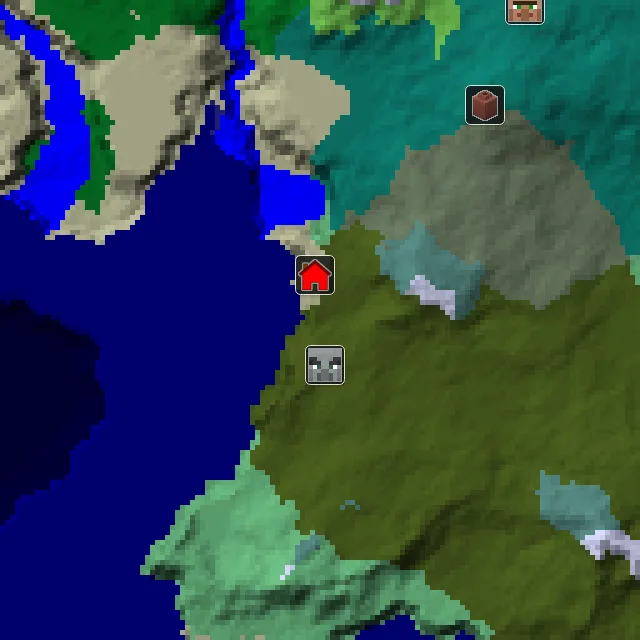 Overworld biome map of seed 14320937485267379 around spawn, with the mansion marked