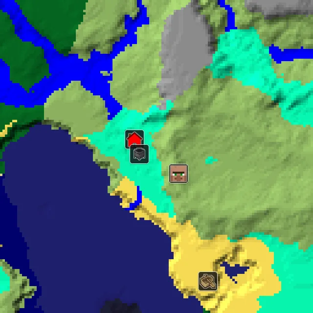 Overworld biome map of seed 176672109182467272 around spawn, with the village and swamp hut marked