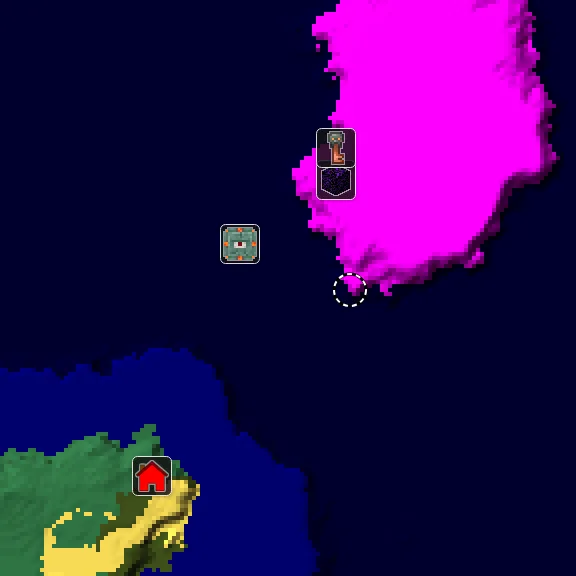 Overworld biome map of seed -5496202005650657757 around spawn, with the mushroom fields marked