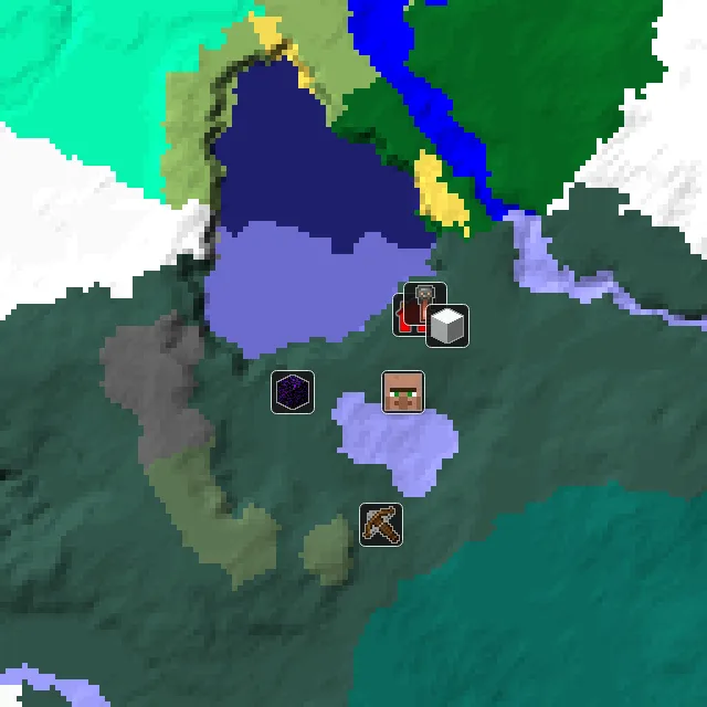 Overworld biome map of seed 140213855949526 around spawn, with the village and ruined portal marked