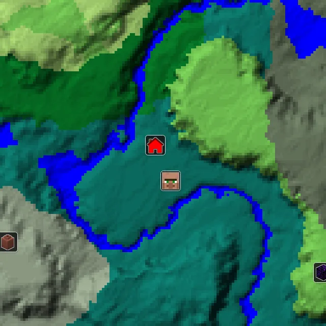 Overworld biome map of seed 278780943085186 around spawn, with the village marked