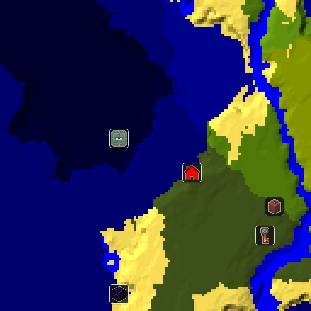 Overworld biome map of seed 588011302082266 around spawn, with the monument marked