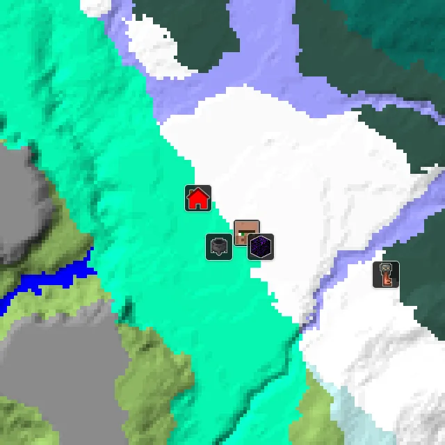 Overworld biome map of seed 65709617507321653 around spawn, with the village and swamp hut marked