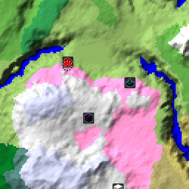 Overworld biome map of seed -4383925772515604047 around spawn, with the cherry grove marked