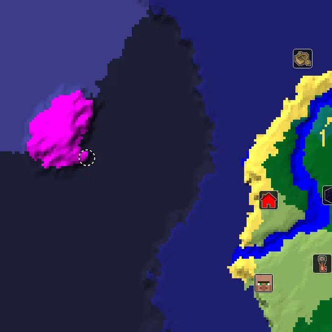 Overworld biome map of seed -7556844426229616365 around spawn, with the mushroom fields marked