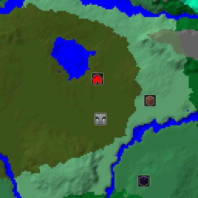 Overworld biome map of seed 2561773392500871 around spawn, with the mansion marked