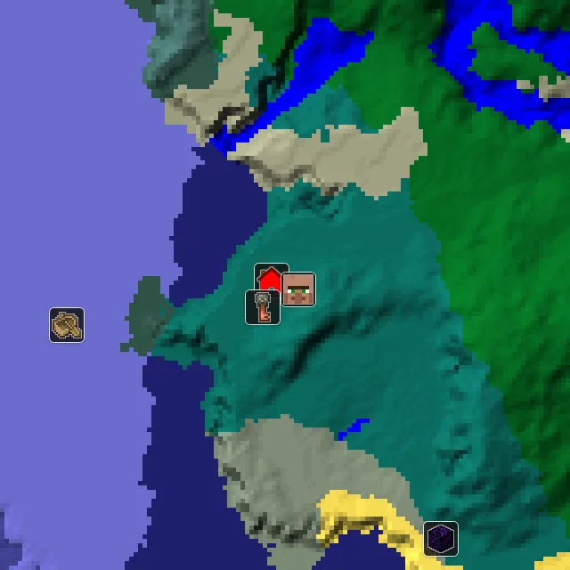 Overworld biome map of seed 847743344719097 around spawn, with the village marked