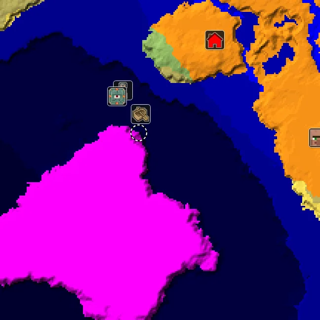Overworld biome map of seed 3987560903126142025 around spawn, with the mushroom fields marked