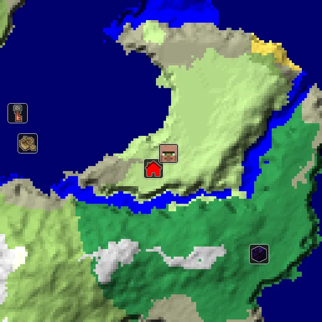 Overworld biome map of seed 404176540858465 around spawn, with the village marked