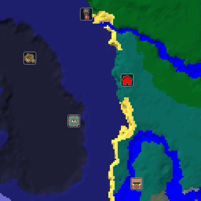 Overworld biome map of seed 1775838925390708 around spawn, with the monument marked