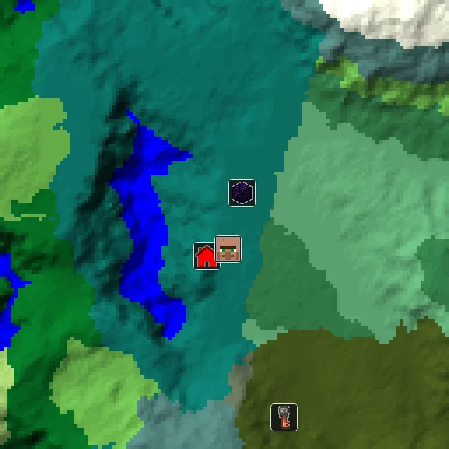 Overworld biome map of seed 388862030497194 around spawn, with the village and ruined portal marked
