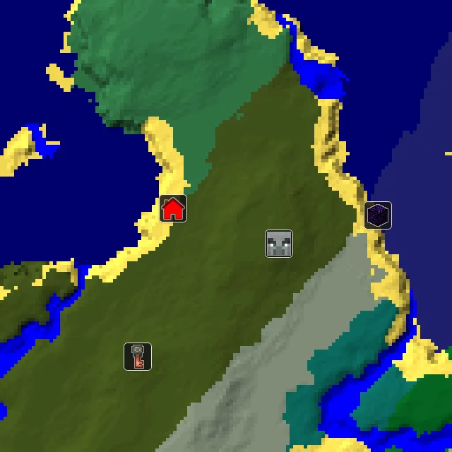 Overworld biome map of seed 43894157280688510 around spawn, with the mansion marked