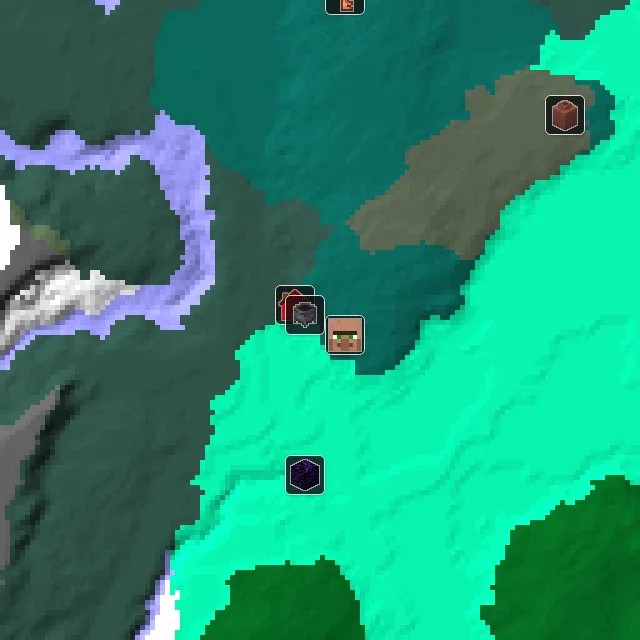Overworld biome map of seed 465350754988170882 around spawn, with the village and swamp hut marked