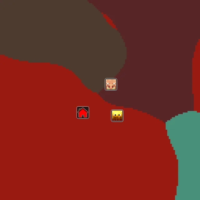 Nether biome map of seed 24088199827985 around Nether 0, 0, with the bastion and fortress marked