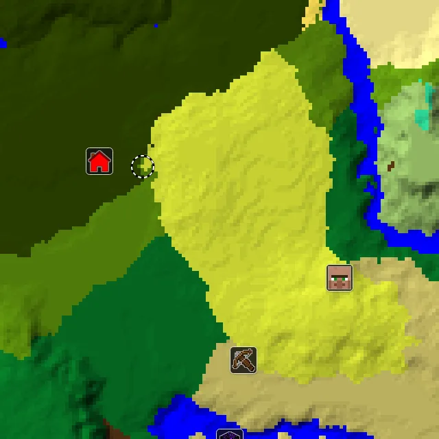 Overworld biome map of seed 4517601724022442 around spawn at Y 0, with the village and sulfur caves marked