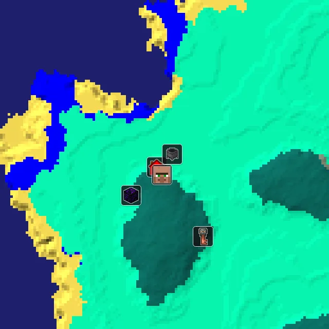 Overworld biome map of seed 49523711500017071 around spawn, with the village and swamp hut marked