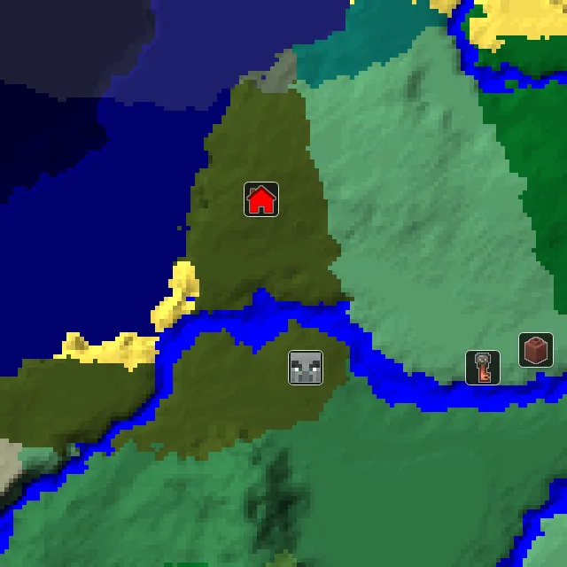 Overworld biome map of seed 4966726757977497 around spawn, with the mansion marked