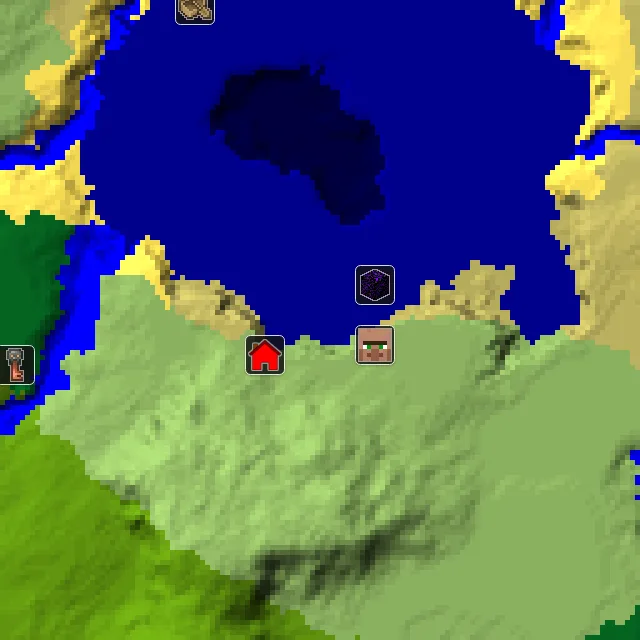 Overworld biome map of seed 509543323459177 around spawn, with the village and ruined portal marked