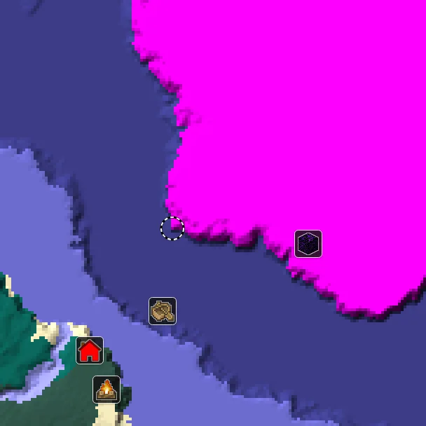Overworld biome map of seed -4389920714707428059 around spawn, with the mushroom fields marked