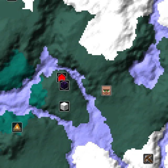 Overworld biome map of seed 1106357752122118 around spawn, with the village and ruined portal marked